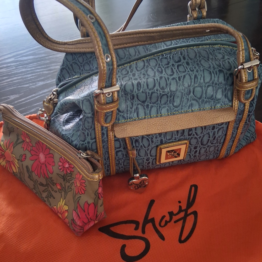 Sharif Blue and Gold Leather Womens Satchel Bag With Cosmetic Case And Dust Bag